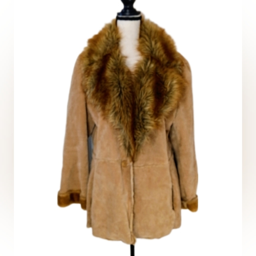 Vintage St. John's Bay 90s y2k Penny Lane Style Tan Leather Faux Fur Coat Size L - Picture 2 of 15